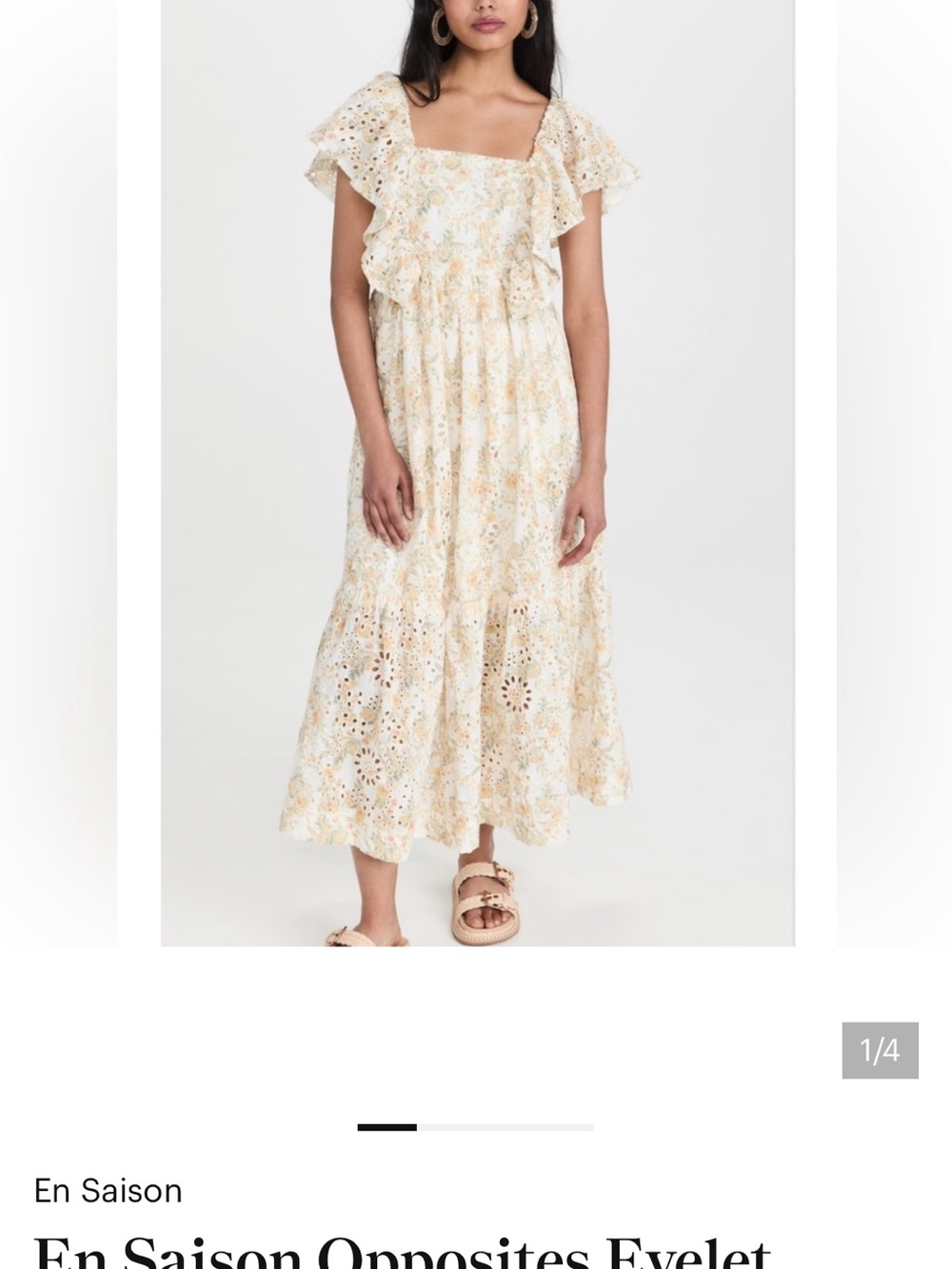 En Saison Cream and Pale Yellow Eyelet Ruffle Midi Dress